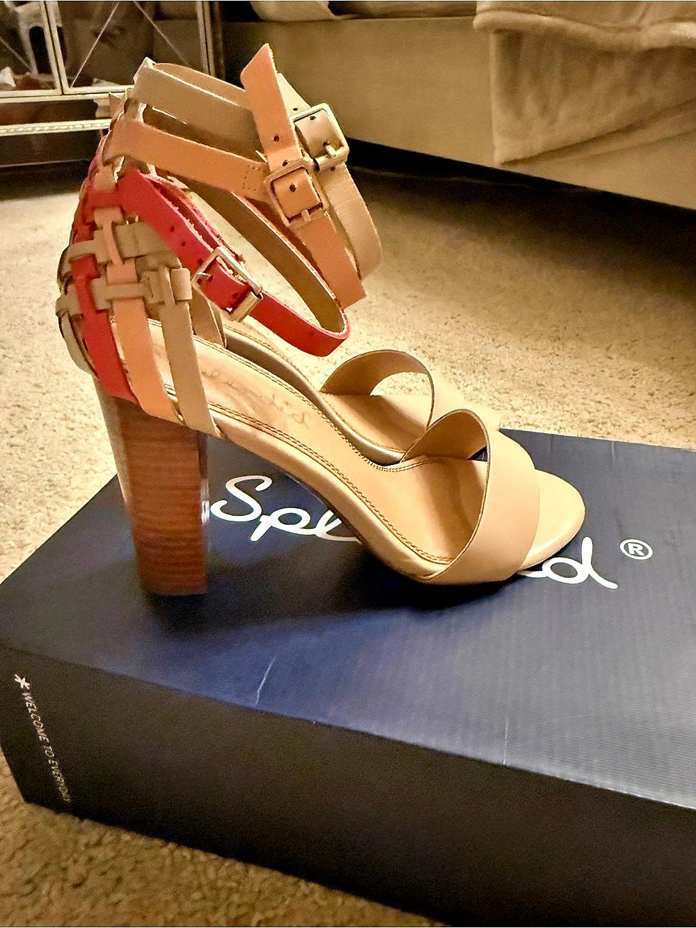 Splendid Strappy Block Heel Sandals in Beige & Coral leather